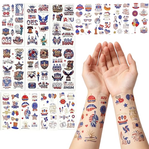 300+ Pcs 4th of July Temporary Tattoos Patriotic USA Flag Stickers Party Favors