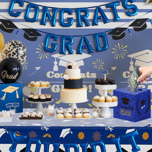 Graduation Card Box for Class of 2026 - Foldable Blue Gift Holder