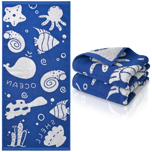 Coastal Hand Towels 3-Pack - Blue & White Shell Design