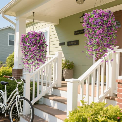 Artificial Flowers for Outdoors - 6 Pcs Deep Purple & Purple Fake Flowers, Weather-Resistant & Realistic Garden Decor