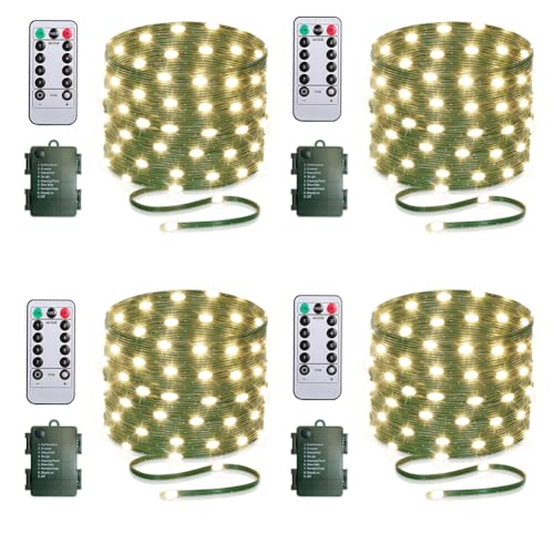 Battery Operated String Lights with Remote & Timer - Green Wire, 16.5ft, Warm White, 50 LEDs, 4 Pack