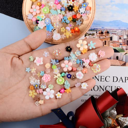 100 Pcs 3D Resin Flower Nail Charms Mixed Floral Studs for DIY Crafts