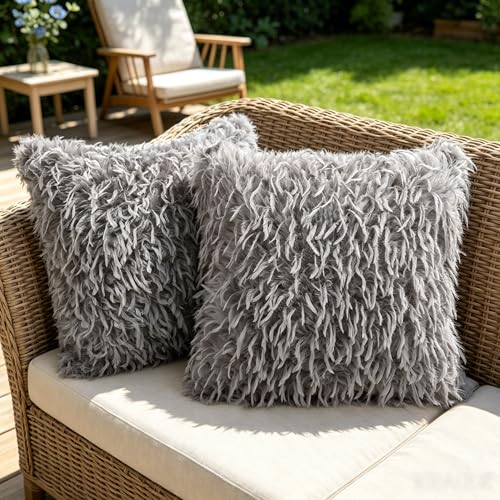 OYIMUA Faux Feather Throw Pillow Covers, 16x16 Grey-Brown Set of 2