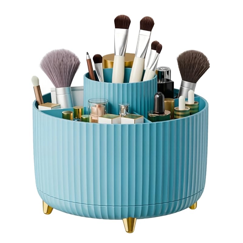 Y9A5N0K3O Blue Rotating Makeup Brush Holder with 5 Compartments
