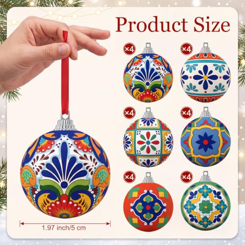 Mexican Christmas Ornament Set - 24 Colorful Fabric Balls with Talavera Pattern
