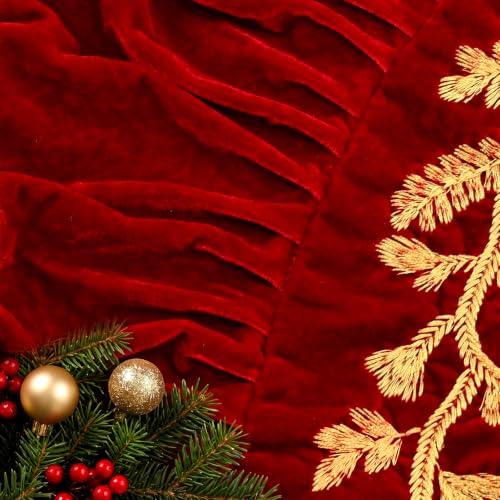 84 Inch Burgundy Velvet Christmas Tree Skirt with Gold Embroidery - Xmas Decoration