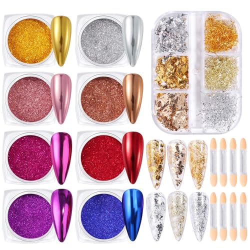 Metallic Chrome Nail Art Powder Set with Gold Silver Foils & Sponges