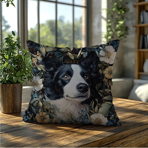 William Morris Inspired Border Collie Dog Floral Decor Pillow Cover 18x18