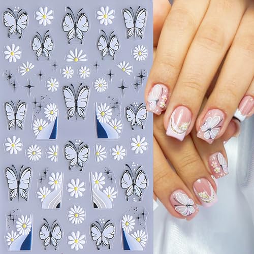 SHUXILIN 5D Embossed Flower Nail Stickers - Daisy & Butterfly Decals