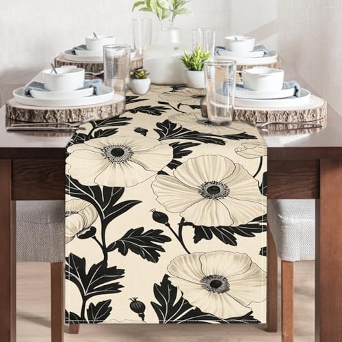 Vintage Black White Poppy Flower Table Runner - 13x72 Inches