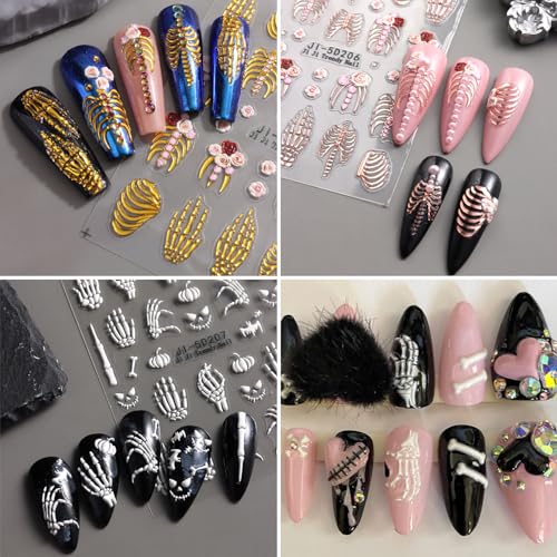 5D Halloween Skeleton Nail Art Stickers - Gothic Rose & Skull Decal Set