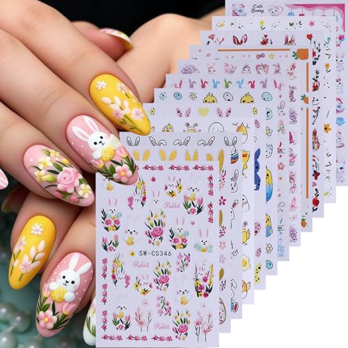 Easter Bunny Nail Art Stickers - 12 Sheets 3D Self-Adhesive Rabbit Decals