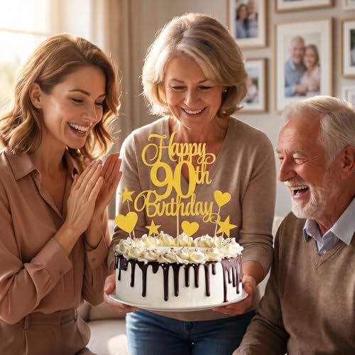 Happy 90th Birthday Cake Topper Set with Glitter Decor