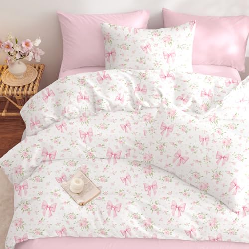 Pink Floral Twin Duvet Cover Set with Bow - Kids Girls Bedding 2Pcs