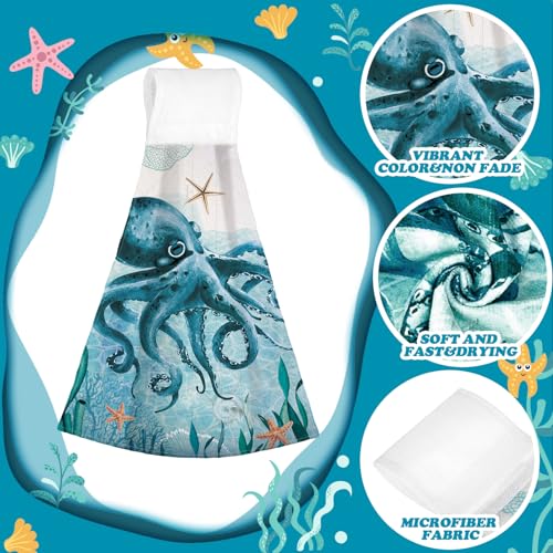 Sratte 4 Pcs Ocean Animal Hanging Kitchen Towels Sea Turtle Seahorse Blue