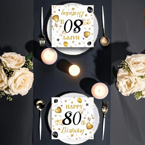 50-Pack 80th Birthday Paper Napkins - White & Gold Elegant Design