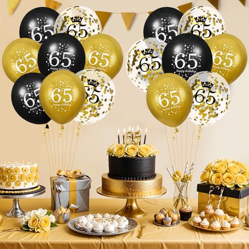 65th Birthday Balloons Set - 15Pcs Black and Gold Latex Decorations