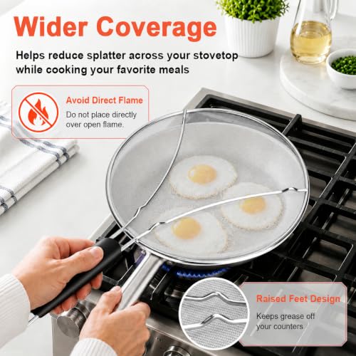 HOMEAVA 13-Inch Stainless Steel Splatter Screen - Black Handle Grease Guard