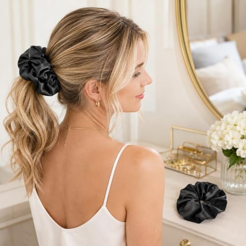 Utaly Jumbo Satin Silk Scrunchies 2 Set - Oversize Hair Ties for Thick Hair
