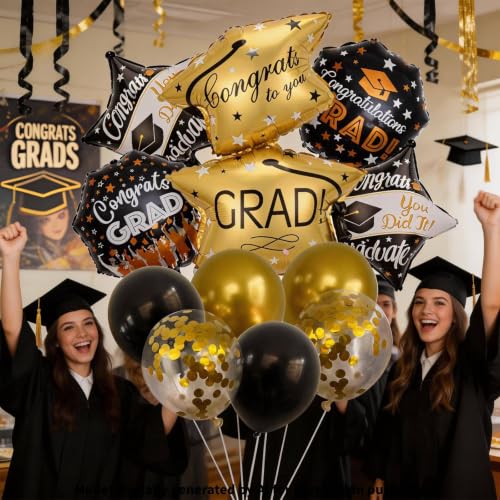 11-Piece 2026 Graduation Balloon Bouquet Set Black and Gold Party Decor