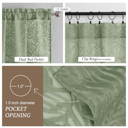OVZME Sage Green Sheer Curtains 63 Inch Length, Leaf Jacquard 2-Panel Set