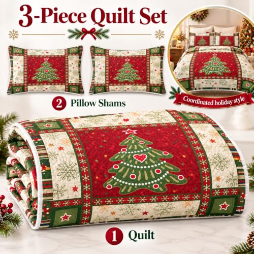 King Christmas Quilt Set with 3-Piece Patchwork Tree Design - Red, Bedding