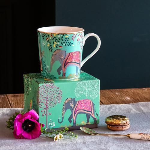 Sara Miller London India Elephant¡¯s Oasis Mug - 12oz Fine China Cup in Jade Green with 22ct Gold Accents, Collectible Tableware & Artistic Dinnerware Gift for Elephant Lovers & Afternoon Tea
