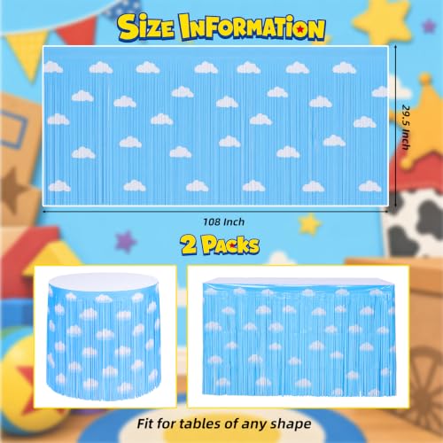 Blue Sky White Cloud Tinsel Table Skirts - 2 Pack Metallic Foil Party Decor