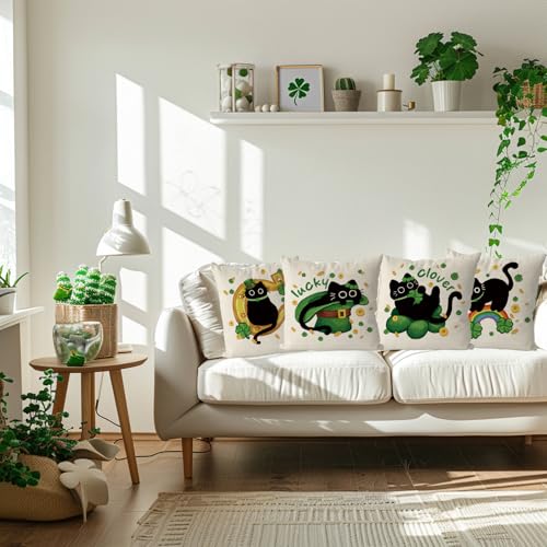 St. Patrick's Day Pillow Covers 18x18 Inch Set of 4 - Black Cat Decor