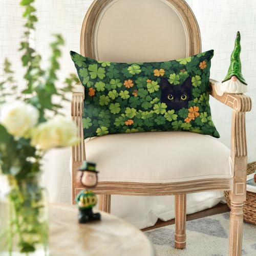 St. Patrick's Day Black Cat Throw Pillow Cover - 12x20 Inch