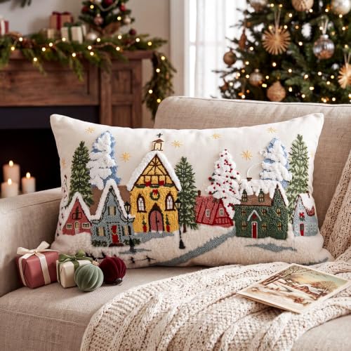White 20x12 Inch Christmas Village Pillow Cover Snowy Town Scene Embroidered