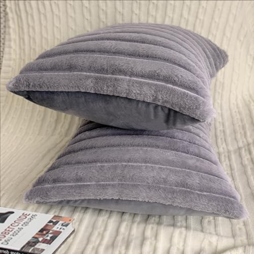 Bunliuys 18x18 Faux Fur & Velvet Throw Pillow Covers, Grey (Set of 2)