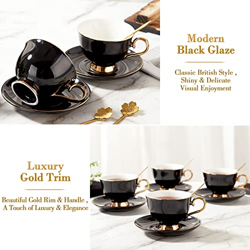 Black Luxury Tea Cups and Saucers Set of 4 with Gold Trim and Metal Stand - DUJUST