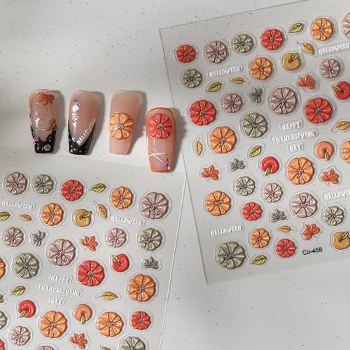 5D Jelly Embossed Fall Nail Stickers Colorful Pumpkin Autumn Decals