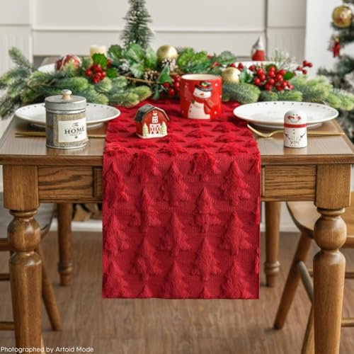 Christmas Tree Table Runner 13x48 Inch Red Plush Faux Fur Holiday Decor