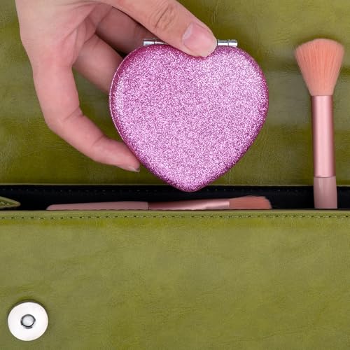 Biiange Heart-Shaped Compact Folding Travel Mirror, Bling Purple