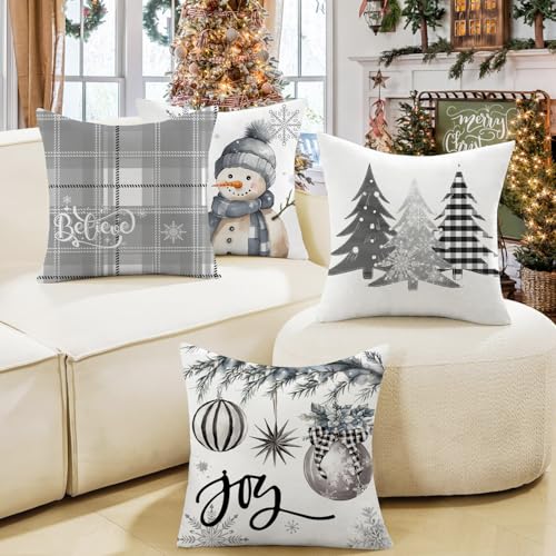 Artmag Christmas Pillow Covers Set of 4 - 16x16 Inch Snowman & Tree Designs
