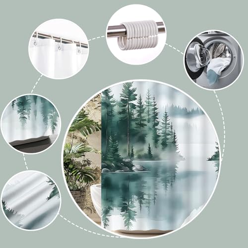 Green Misty Forest Mountain Shower Curtain - Watercolor Nature Design