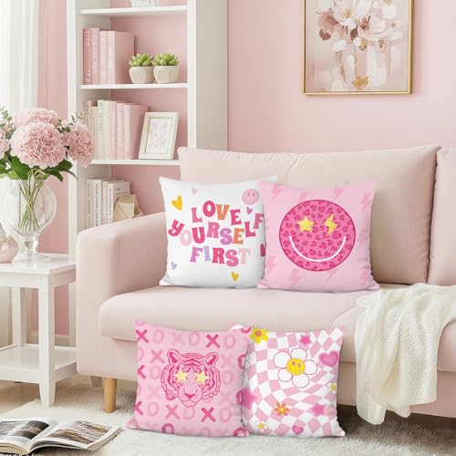 Pink Velvet Throw Pillow Covers Set of 4 - Cute Smiley Face and Tiger Design, 18x18 Inches