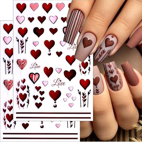 Valentine Nail Art Stickers 6 Sheets Wine Red Heart Rose Decals