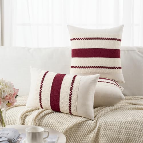 26x26 Inch Set of 2 Burgundy Boho Decorative Throw Pillow Covers - Cotton & Textured Cushion Cases
