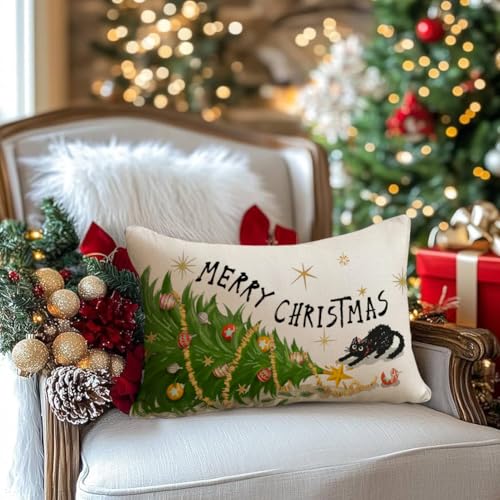 RABUSOFA Christmas Pillow Covers 12x20 Inch Merry Tree Black Cat