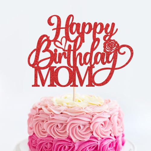 Red Glitter Happy Birthday Mom Cake Topper - Mother's Day Decor