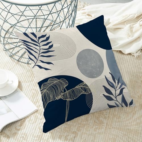Boho Navy Blue Throw Pillow Covers 18x18 Set of 2 - Modern Linen Cushion Case