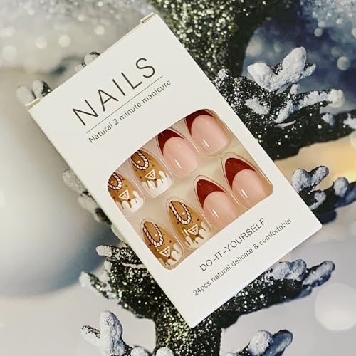 Christmas Almond Press on Nails Red French Xmas Bear Candy False Nails