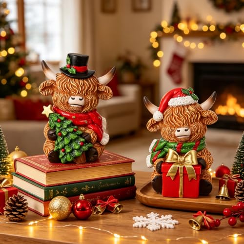 Christmas Highland Cow Figurines Set - Resin Farmhouse Holiday Decorations