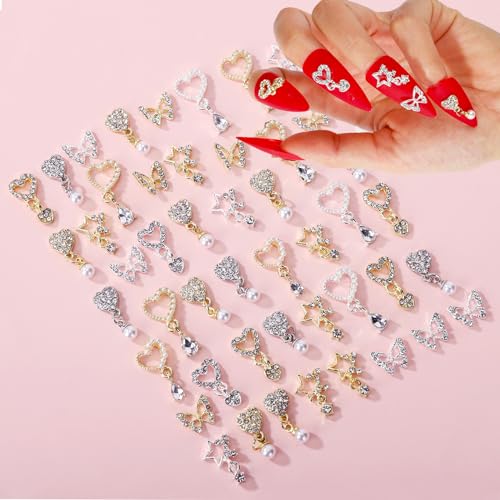 40Pcs Heart & Star Dangle Nail Charms Silver Gold Rhinestone Gems