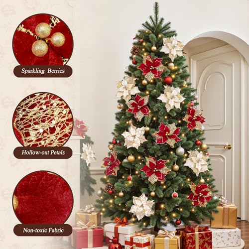 Artificial Poinsettia Flowers Set - 9 Inch Glitter Christmas Decorations, Red & Gold