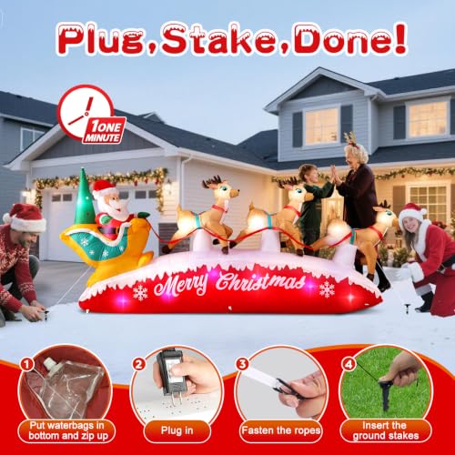 10FT Christmas Inflatable Santa Reindeer Sleigh Outdoor Decor with Rotating LED Lights - Brown