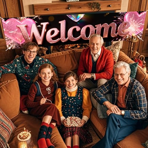 Welcome Home Banner with Pink Glitter Heart - 78.7" x 17.7" Polyester